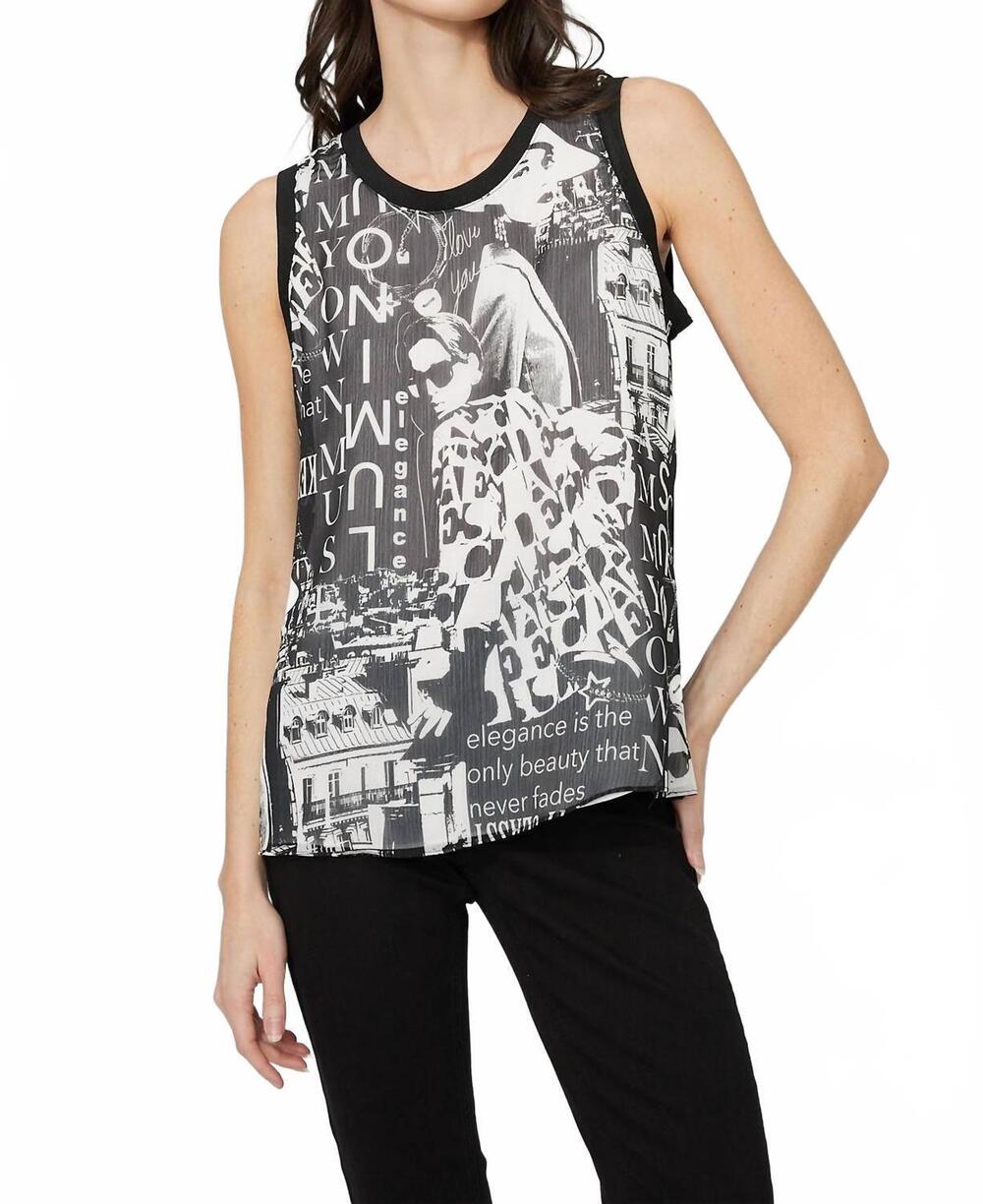 NEW FRANK LYMAN graphic print sleeveless pullover top in black